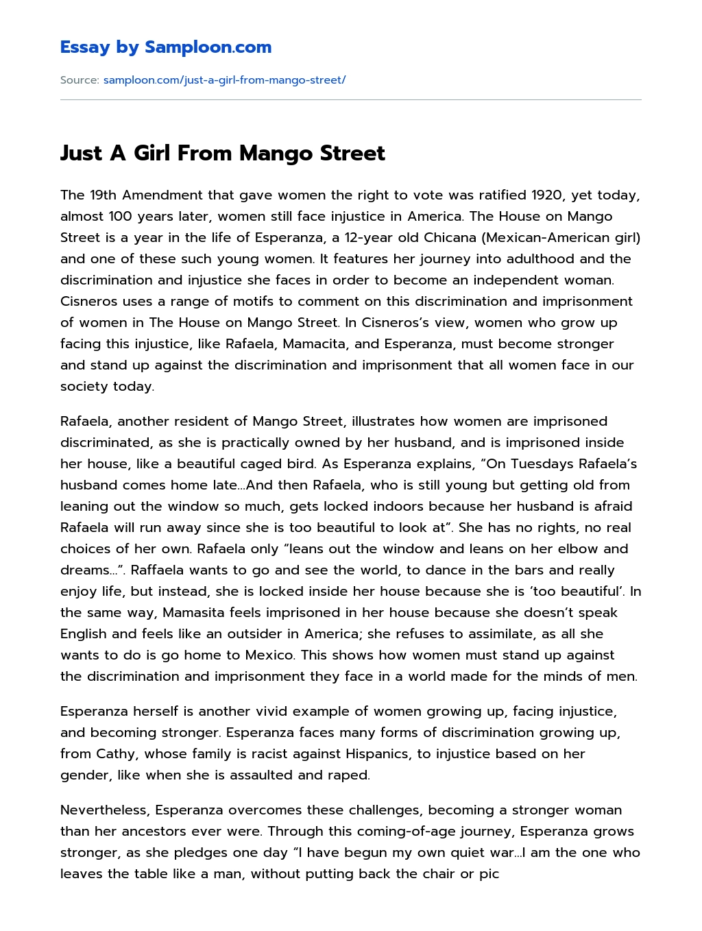 Just A Girl From Mango Street essay