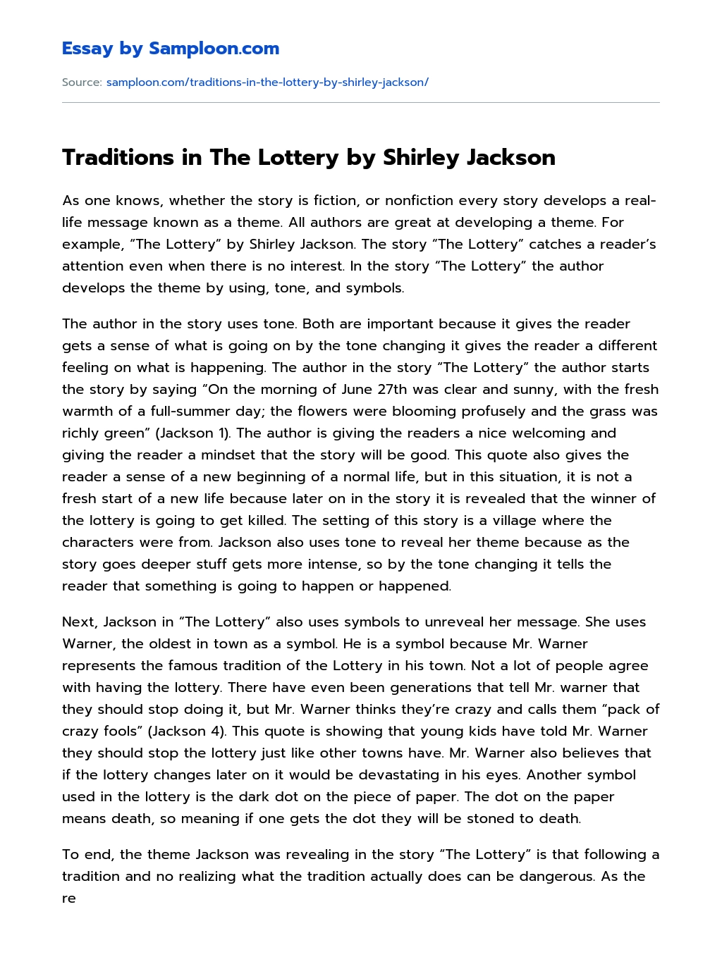 Traditions in The Lottery by Shirley Jackson essay