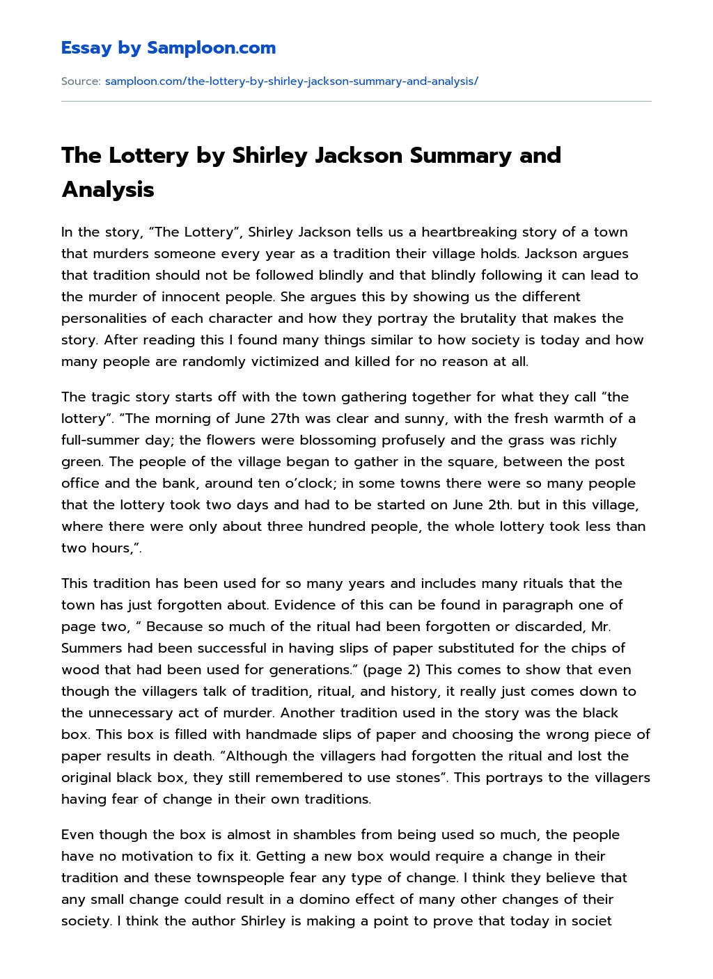 The Lottery by Shirley Jackson Summary and Analysis Argumentative Essay essay