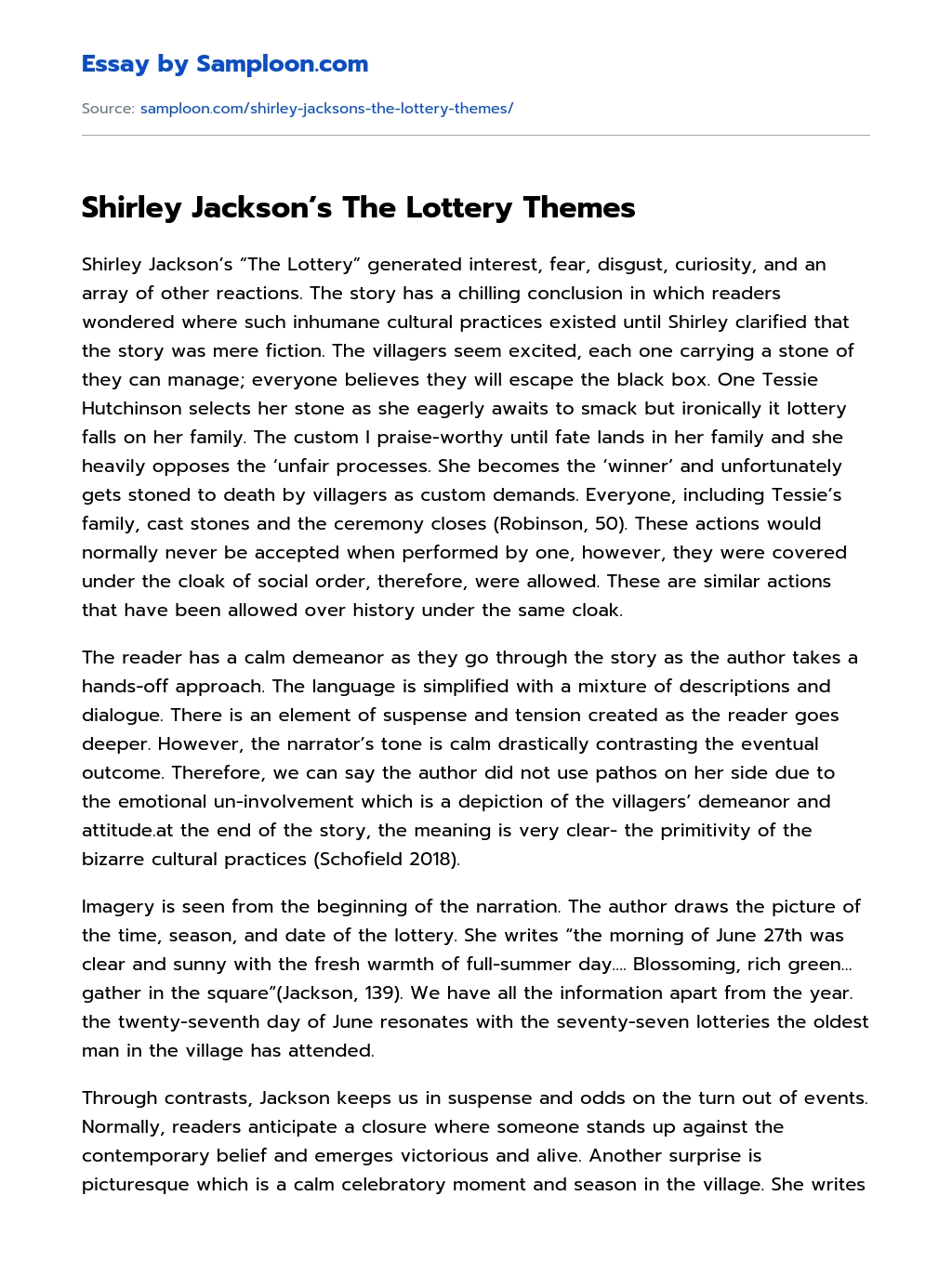 Shirley Jackson’s The Lottery Themes Literary Analysis essay