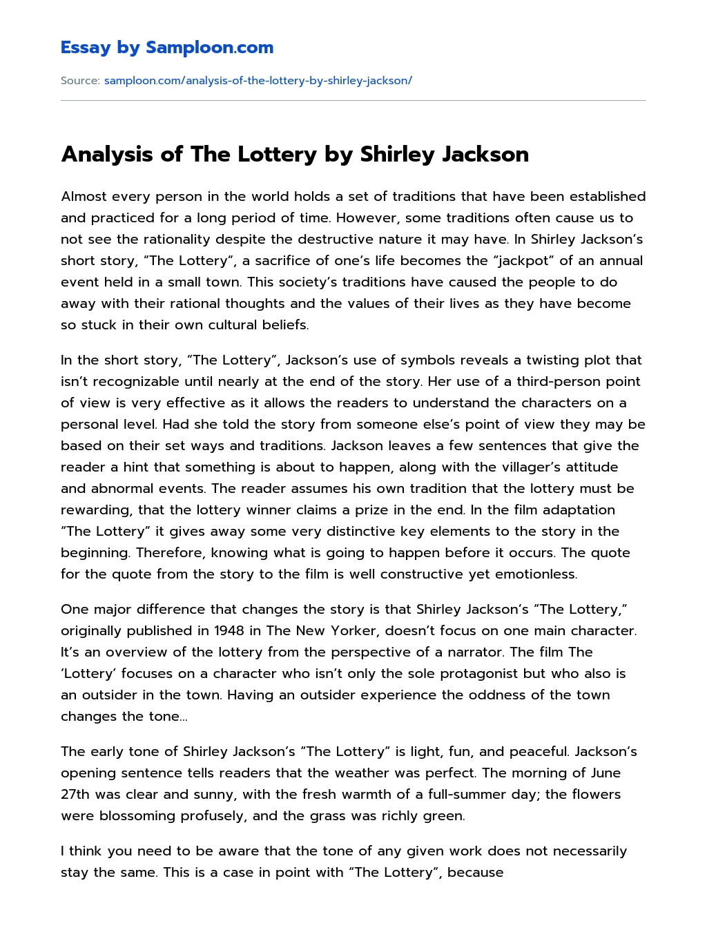 the lottery by shirley jackson point of view