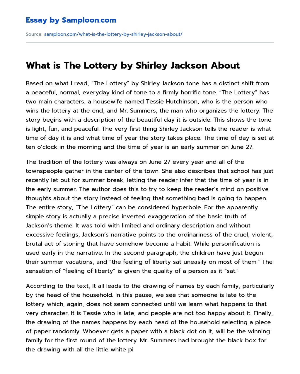 What is The Lottery by Shirley Jackson About Analytical Essay essay