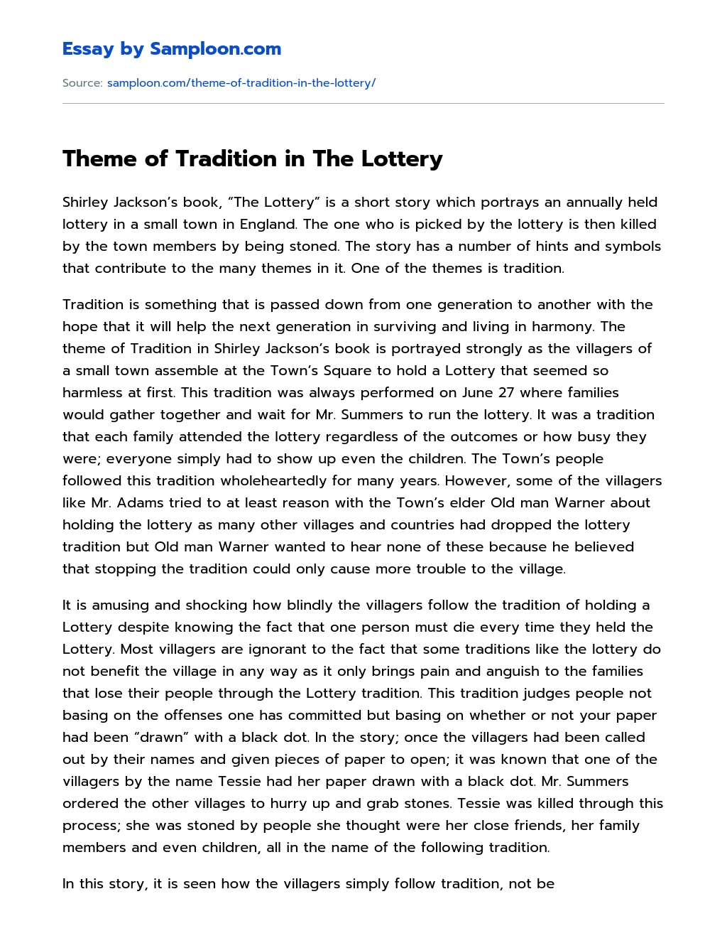 Theme of Tradition in The Lottery essay