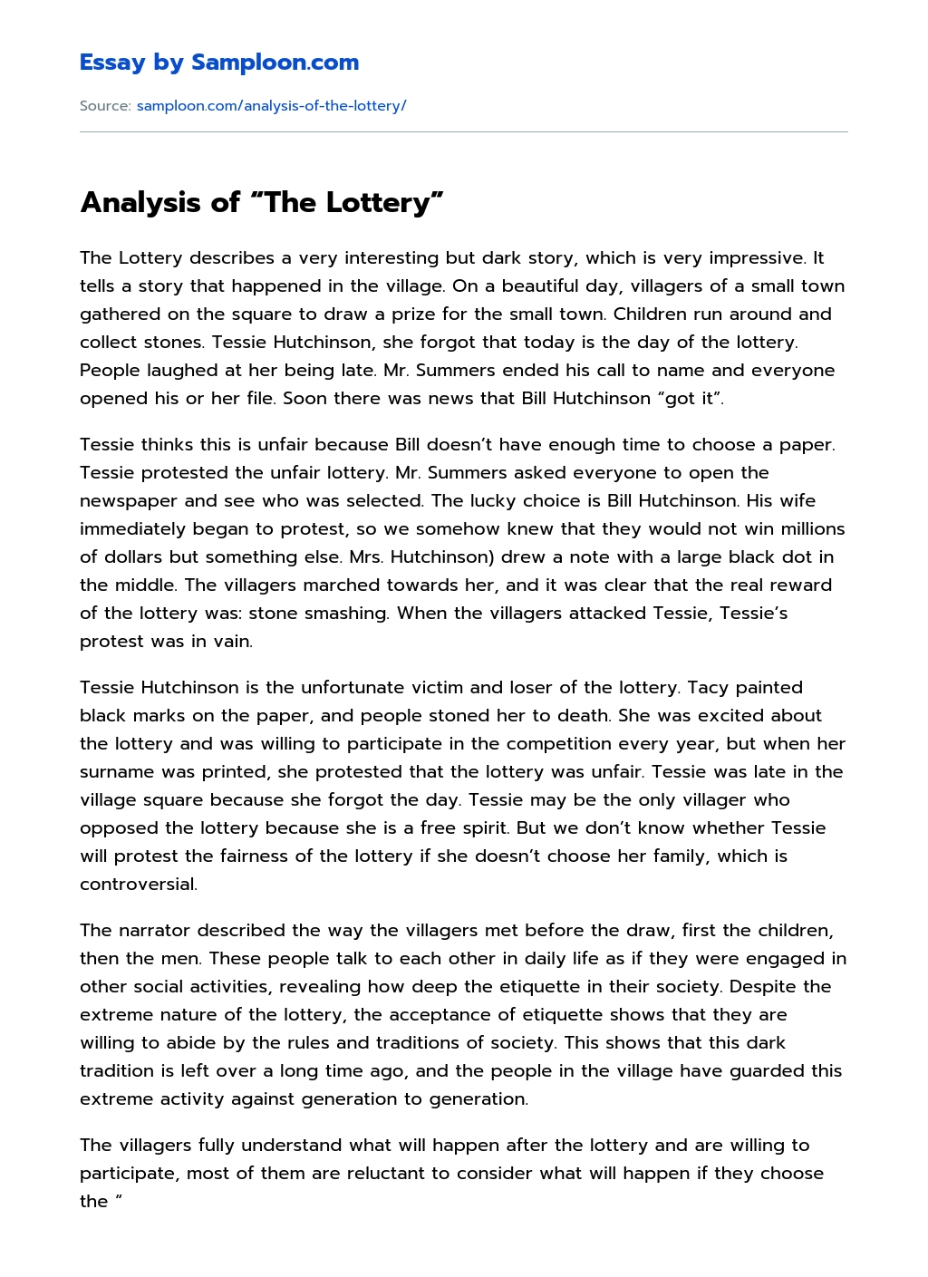 Analysis of “The Lottery” essay