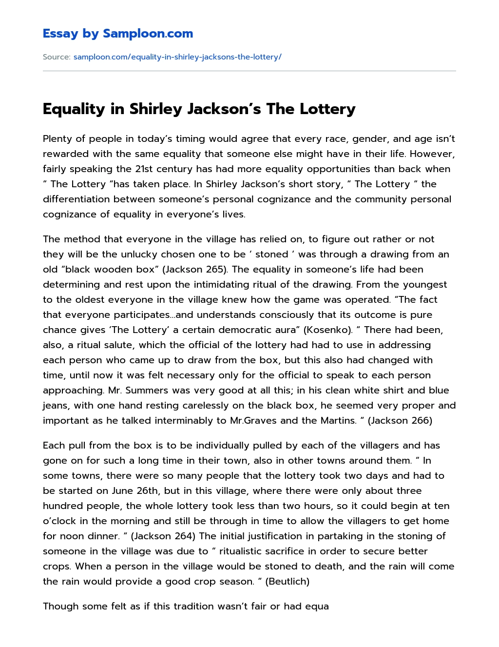 Equality in Shirley Jackson’s The Lottery Summary essay