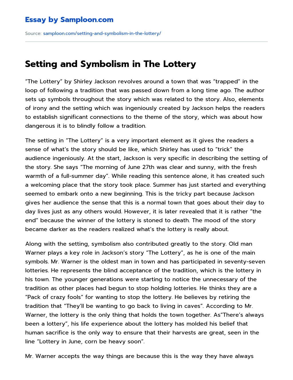 Setting and Symbolism in The Lottery Analytical Essay essay