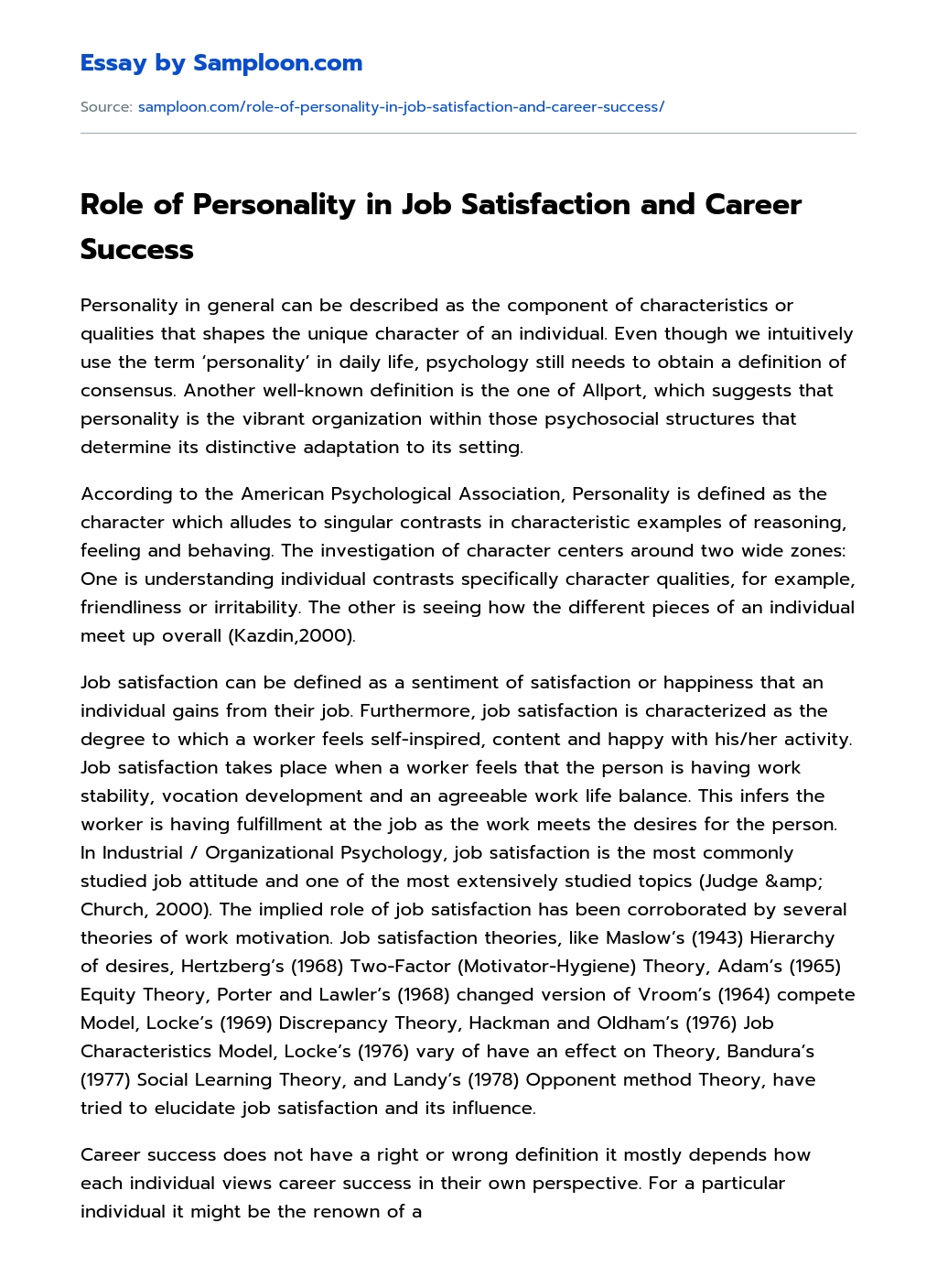 Role of Personality in Job Satisfaction and Career Success Application essay