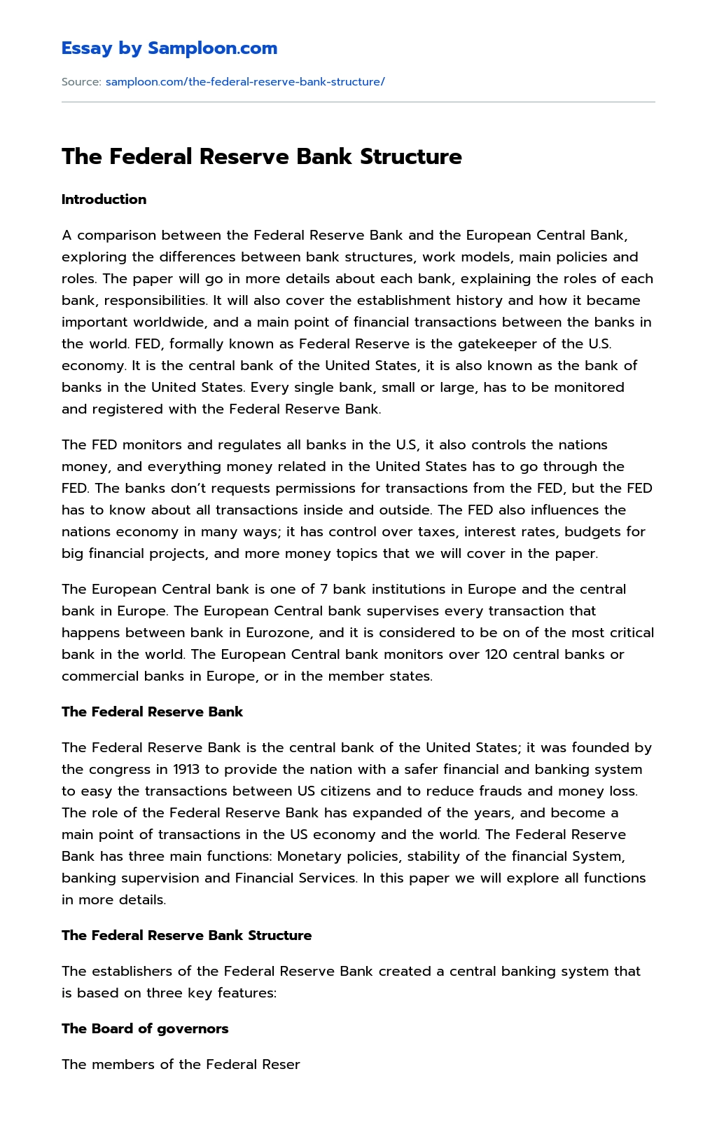 The Federal Reserve Bank Structure essay