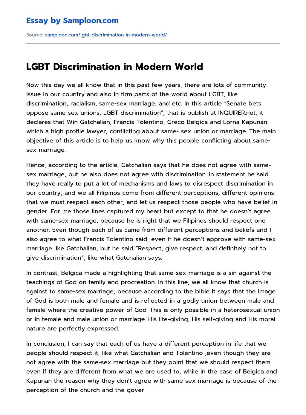 LGBT Discrimination in Modern World essay