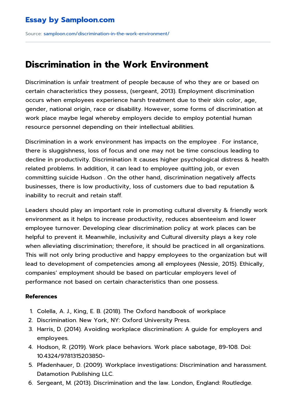 Discrimination in the Work Environment essay