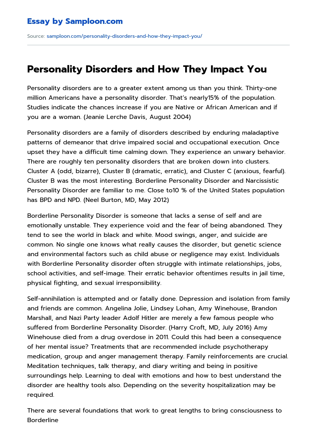 Personality Disorders and How They Impact You essay