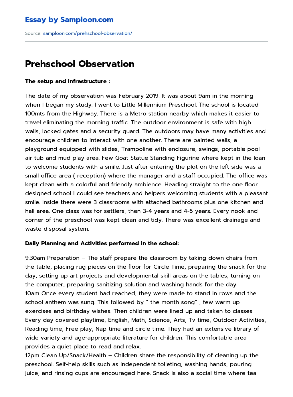 Prehschool Observation essay