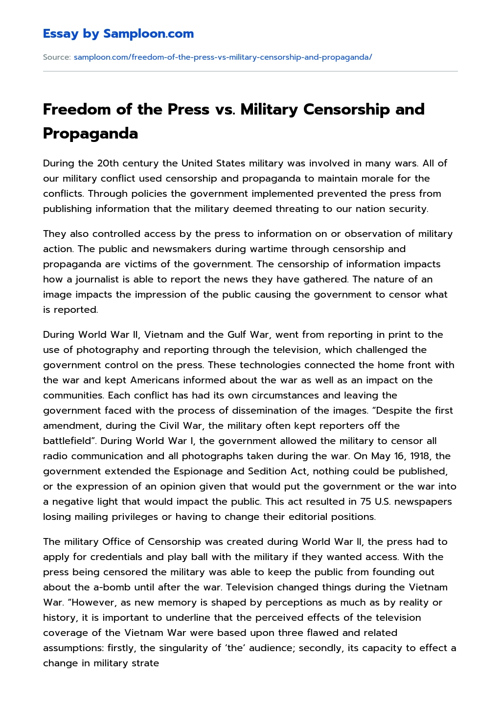 Freedom of the Press vs. Military Censorship and Propaganda essay