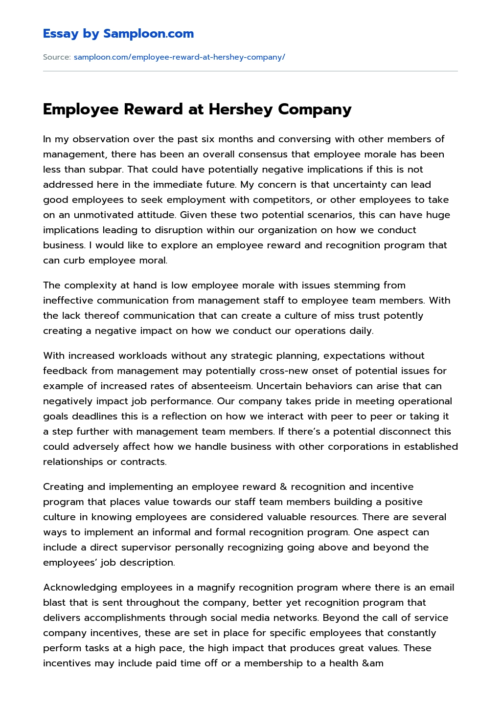 Employee Reward at Hershey Company essay