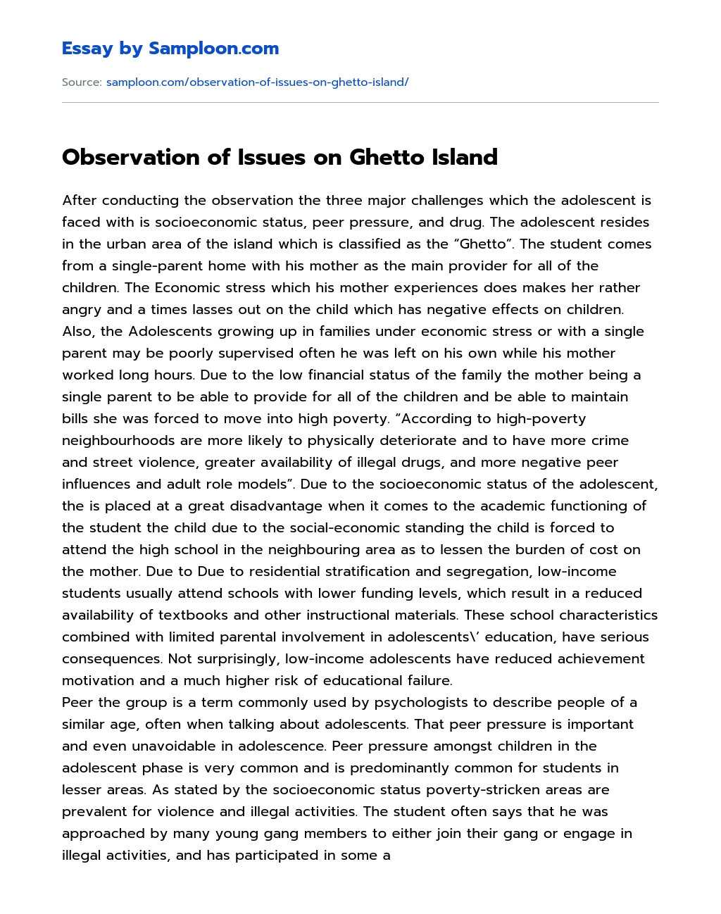 Observation of Issues on Ghetto Island essay