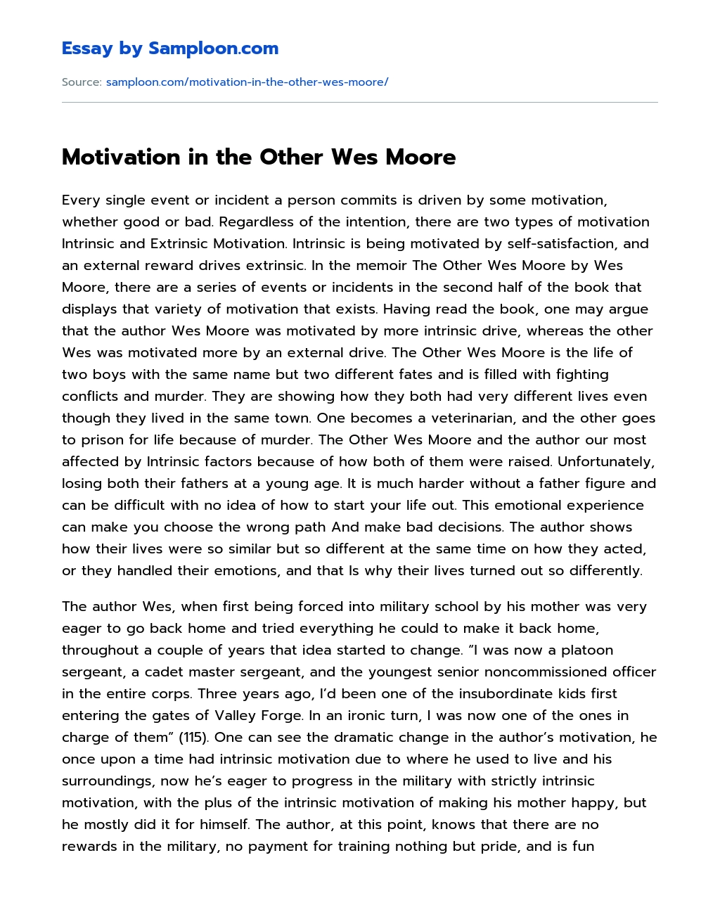 Motivation in the Other Wes Moore Compare And Contrast essay