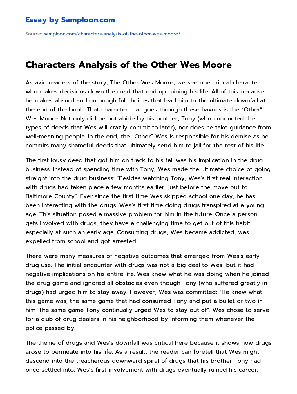 Characters Analysis of the Other Wes Moore essay