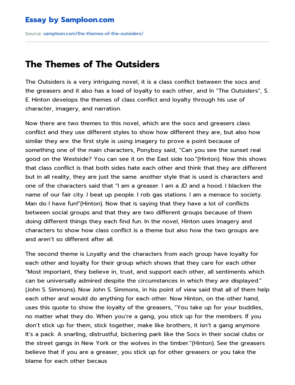 The Themes of The Outsiders Analytical Essay essay