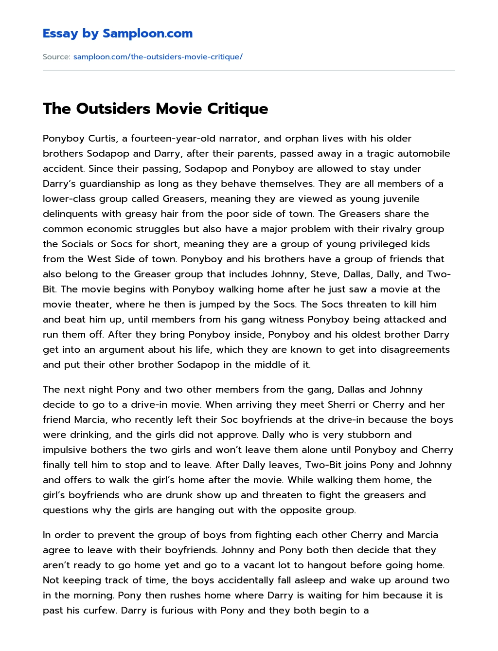 The Outsiders Movie Critique essay