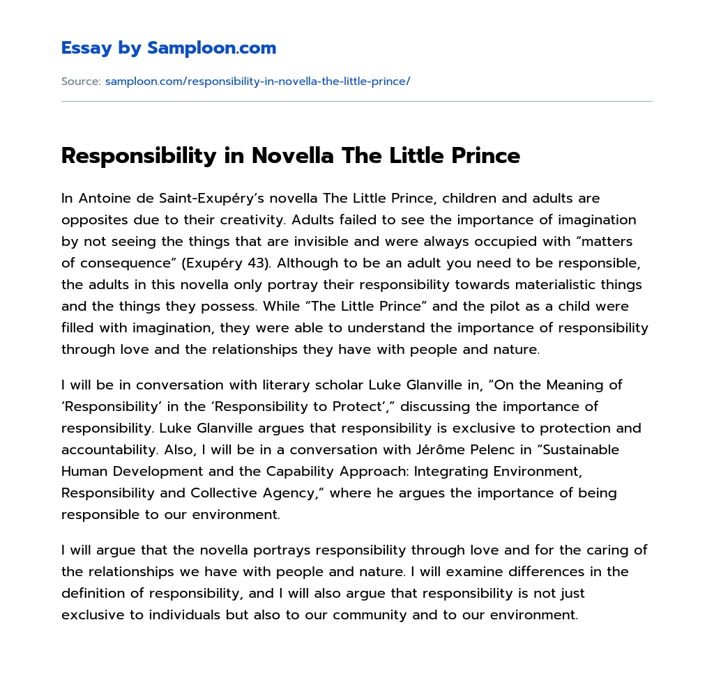 Responsibility in Novella The Little Prince Character Analysis essay
