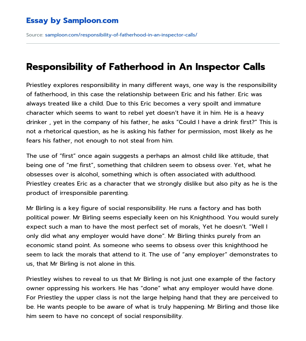 Responsibility of Fatherhood in An Inspector Calls essay