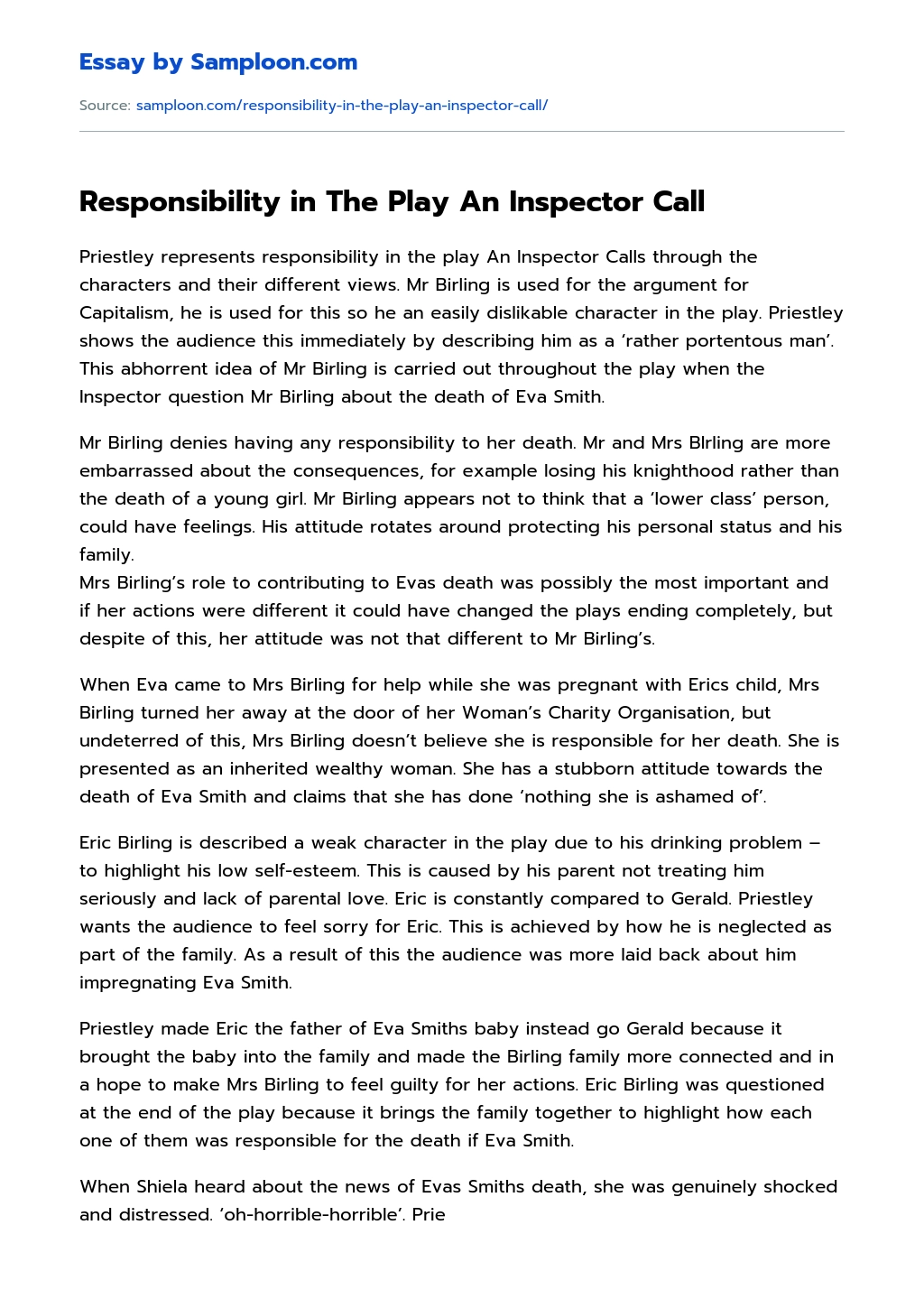 Responsibility in The Play An Inspector Call Analytical Essay essay