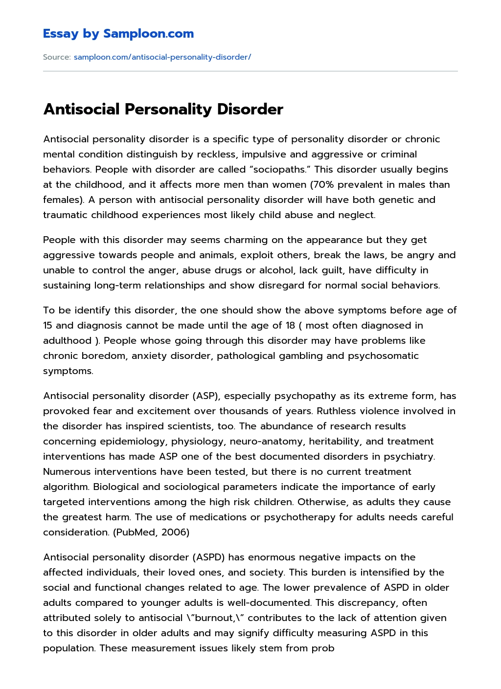 Antisocial Personality Disorder Personal Essay essay