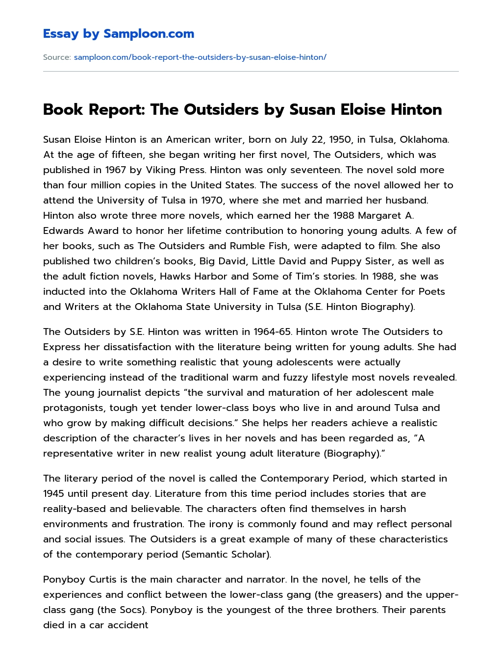 Book Report: The Outsiders by Susan Eloise Hinton essay