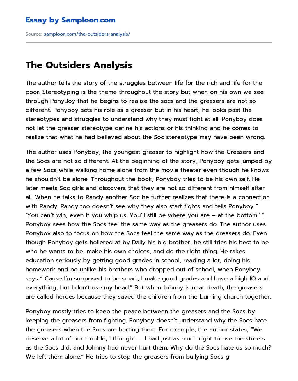 The Outsiders Analysis essay