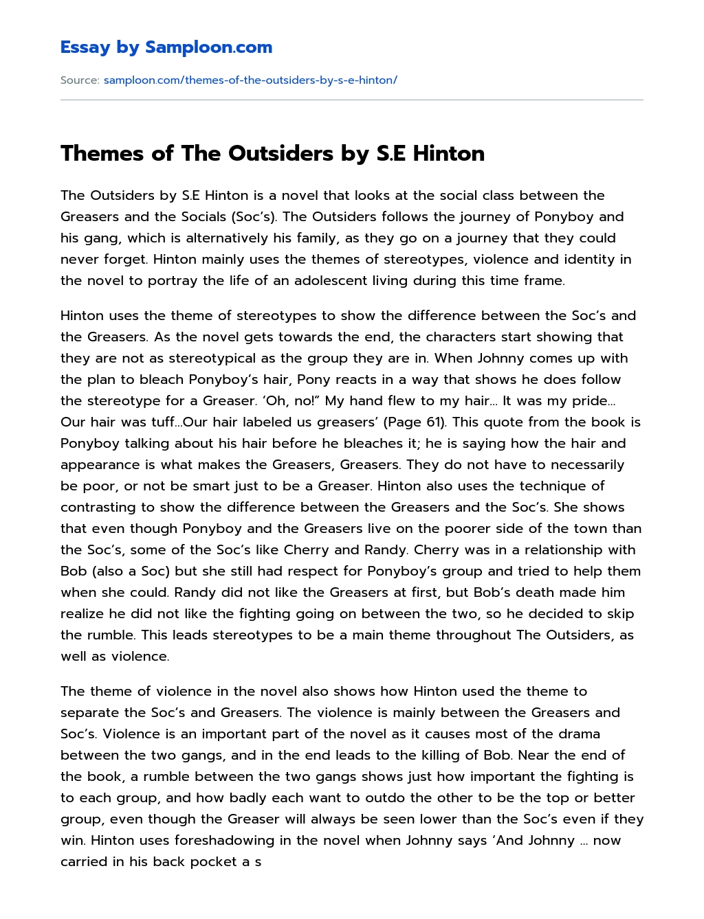 Themes of The Outsiders by S.E Hinton Reflective Essay essay