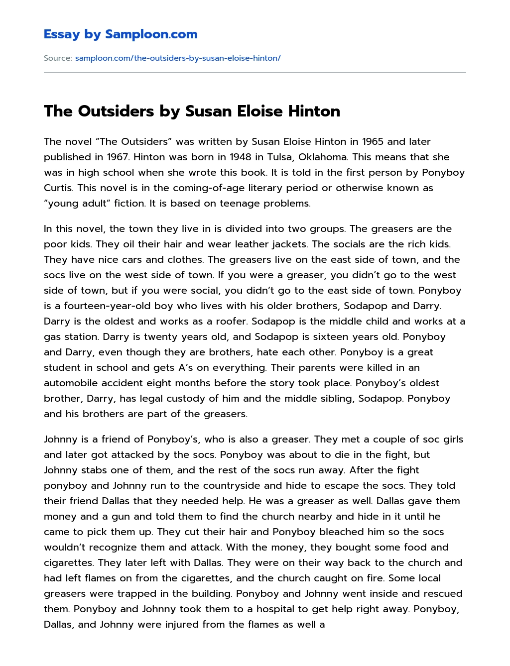The Outsiders by Susan Eloise Hinton Book Review essay