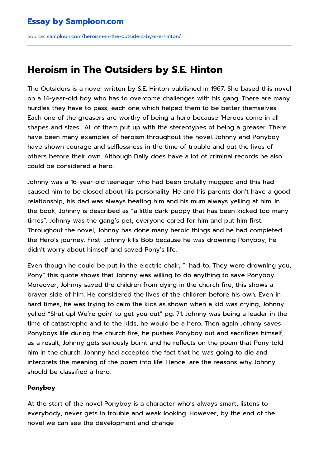 Heroism in The Outsiders by S.E. Hinton essay