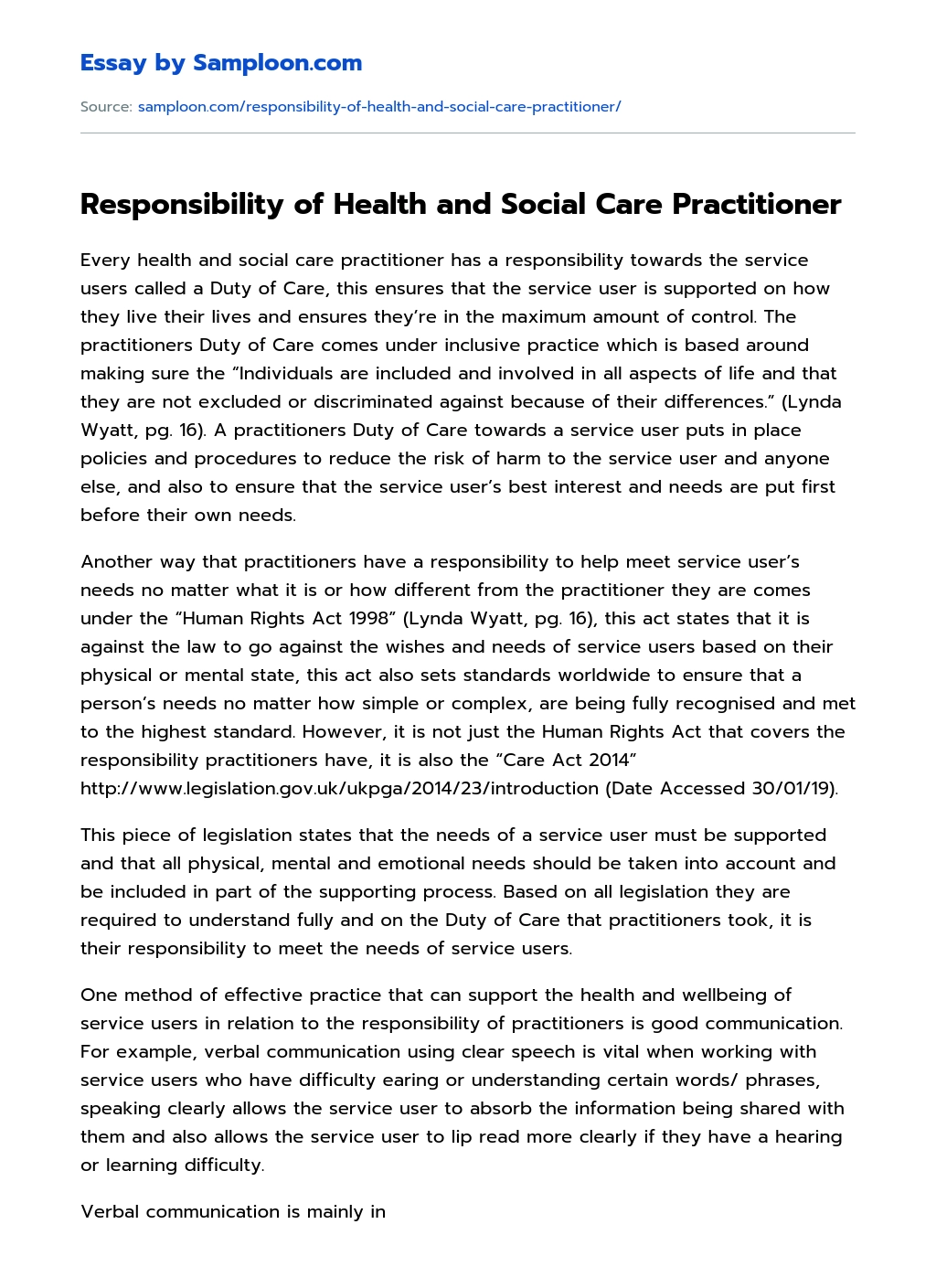 Responsibility of Health and Social Care Practitioner essay