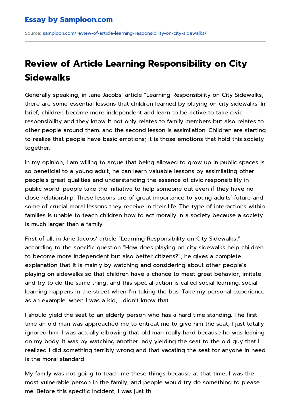 Review of Article Learning Responsibility on City Sidewalks essay