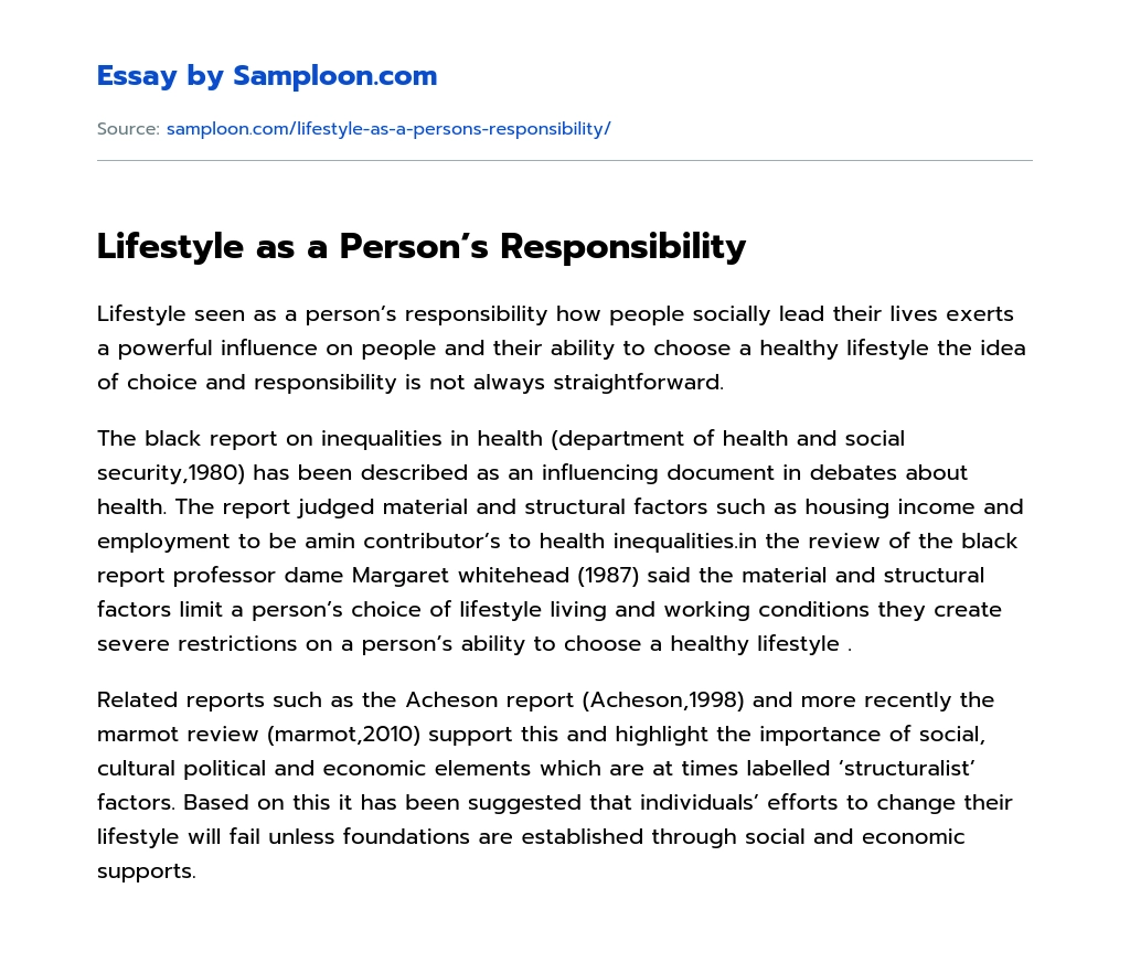 Lifestyle as a Person’s Responsibility essay