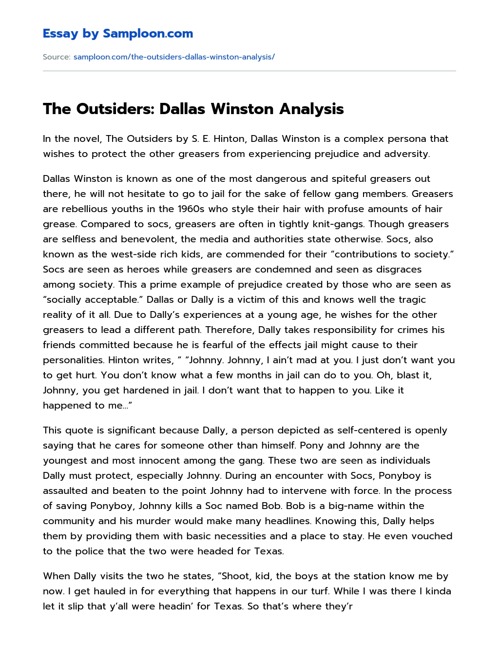 The Outsiders: Dallas Winston Analysis essay