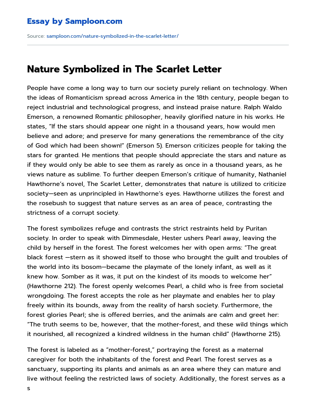 Nature Symbolized in The Scarlet Letter Summary essay