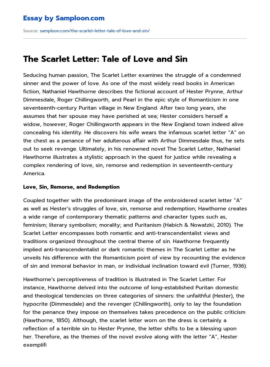 The Scarlet Letter: Tale of Love and Sin essay