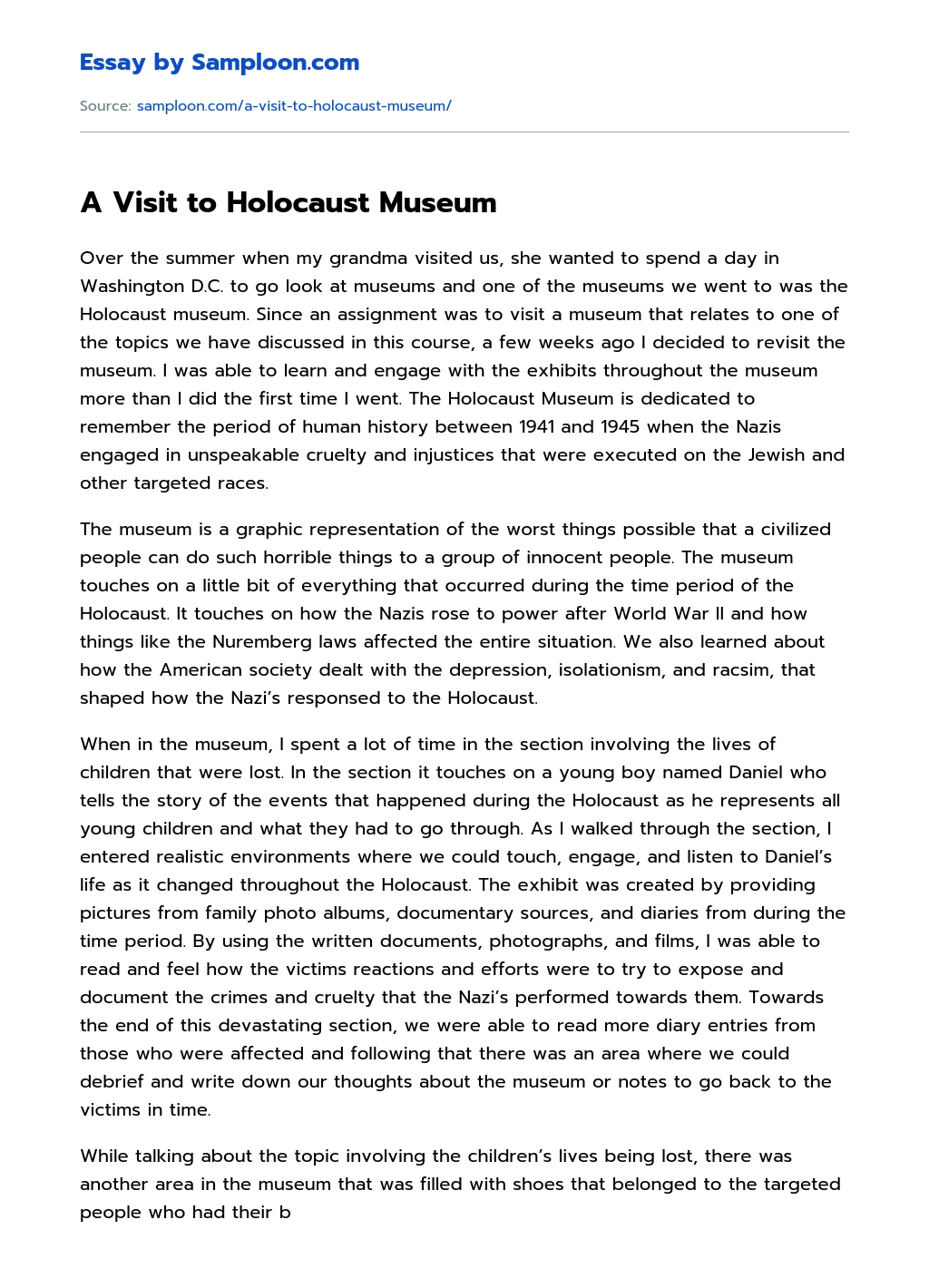 A Visit to Holocaust Museum essay