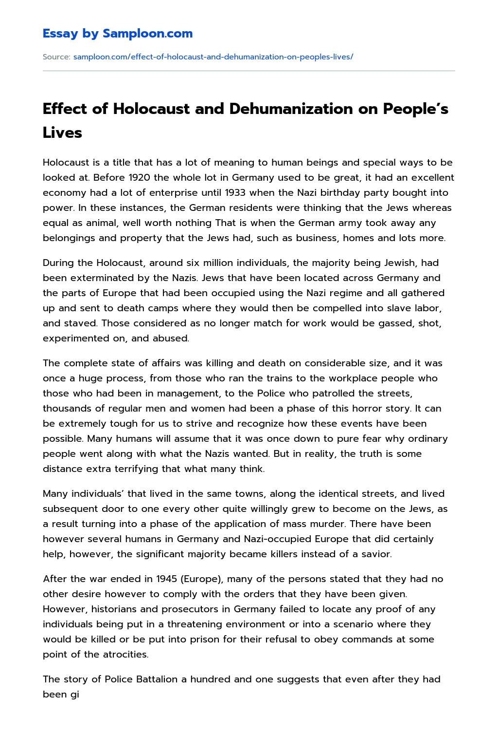 Effect of Holocaust and Dehumanization on People’s Lives essay