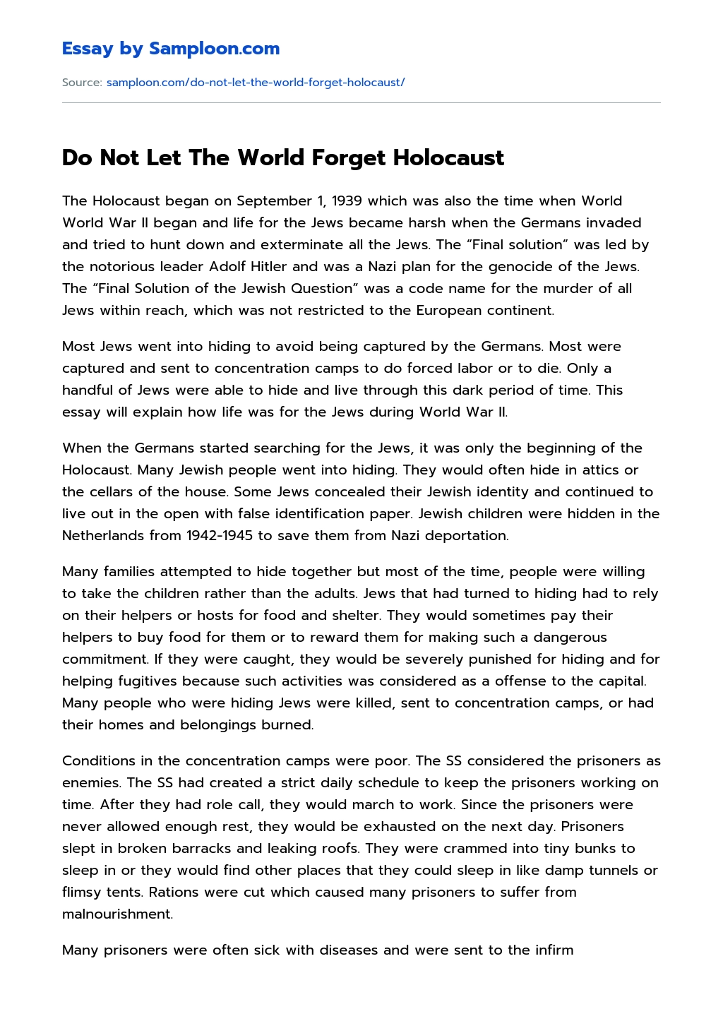 Do Not Let The World Forget Holocaust essay