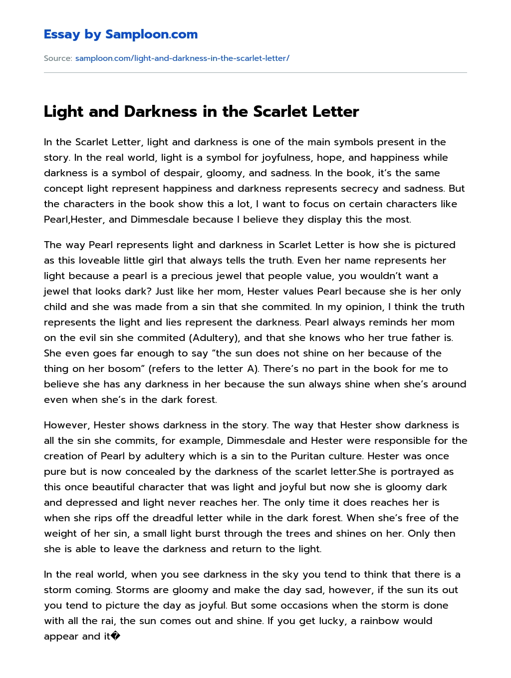 Light and Darkness in the Scarlet Letter essay