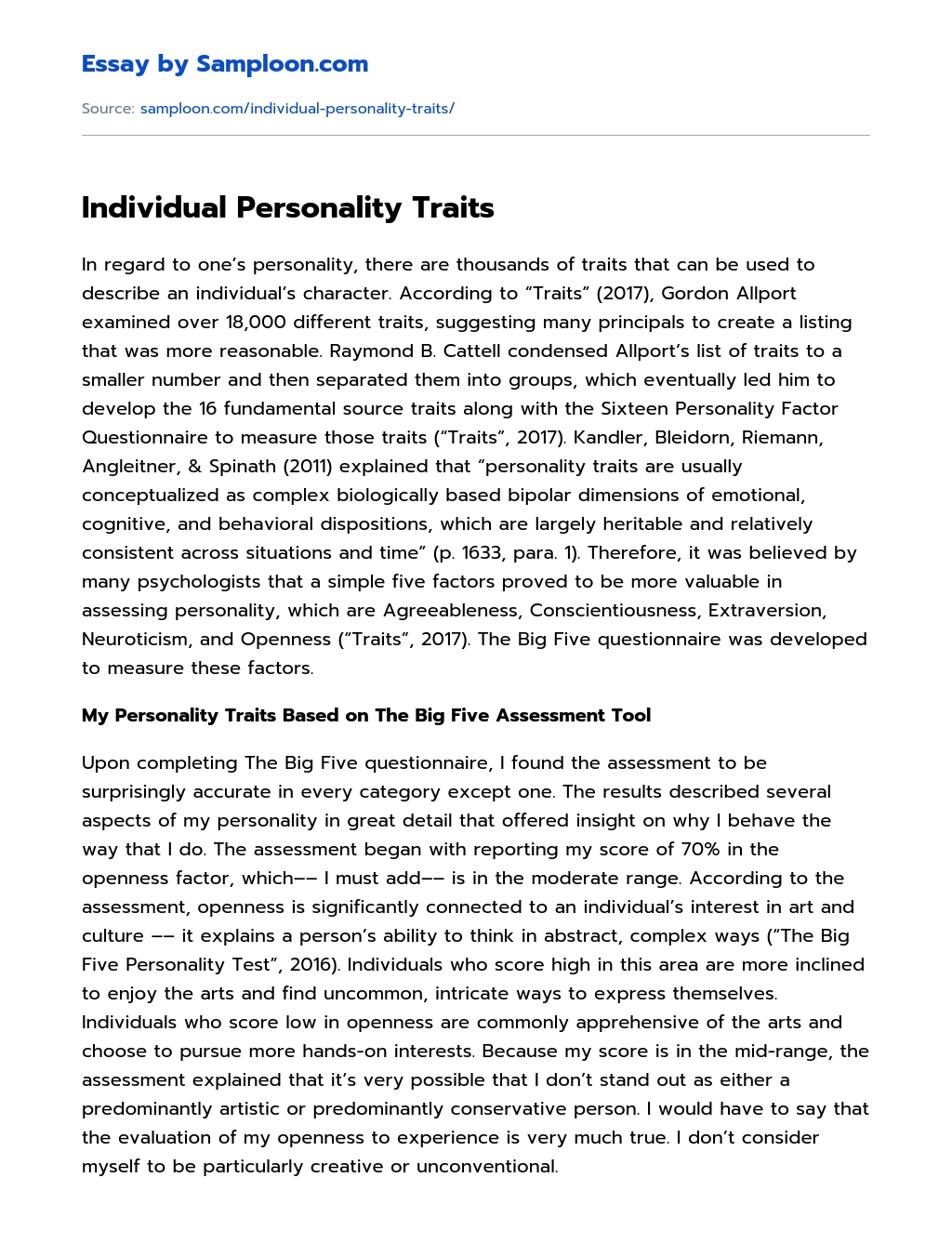 Individual Personality Traits essay