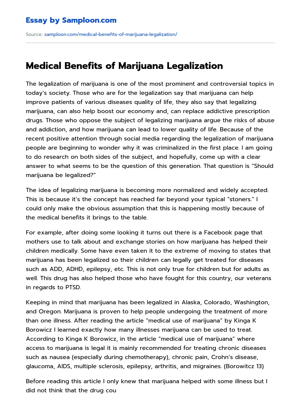 Medical Benefits of Marijuana Legalization essay