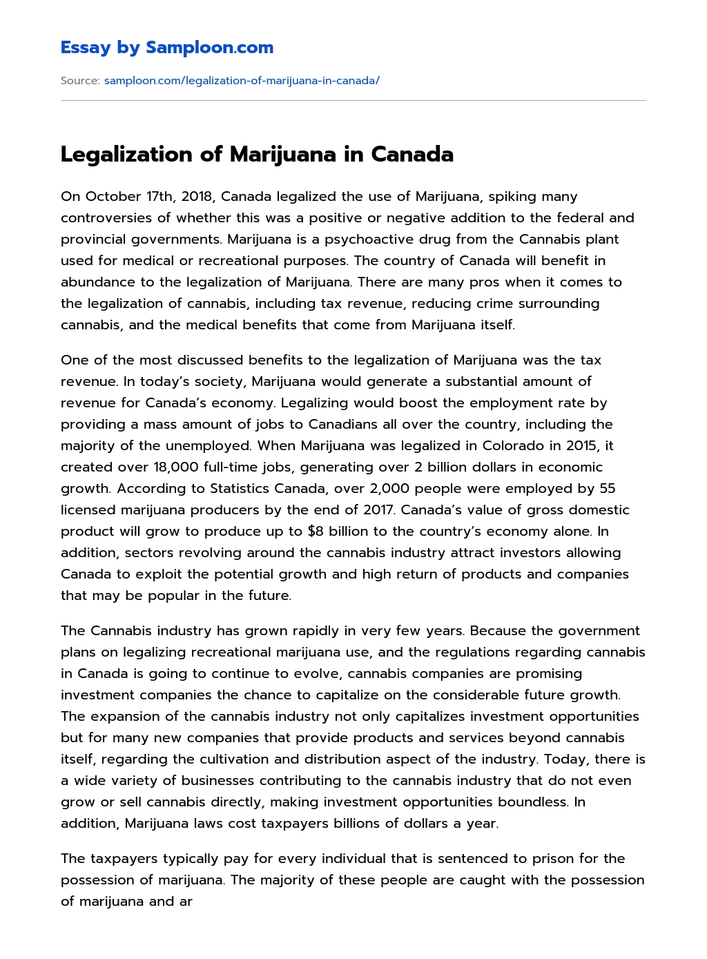 Legalization of Marijuana in Canada essay
