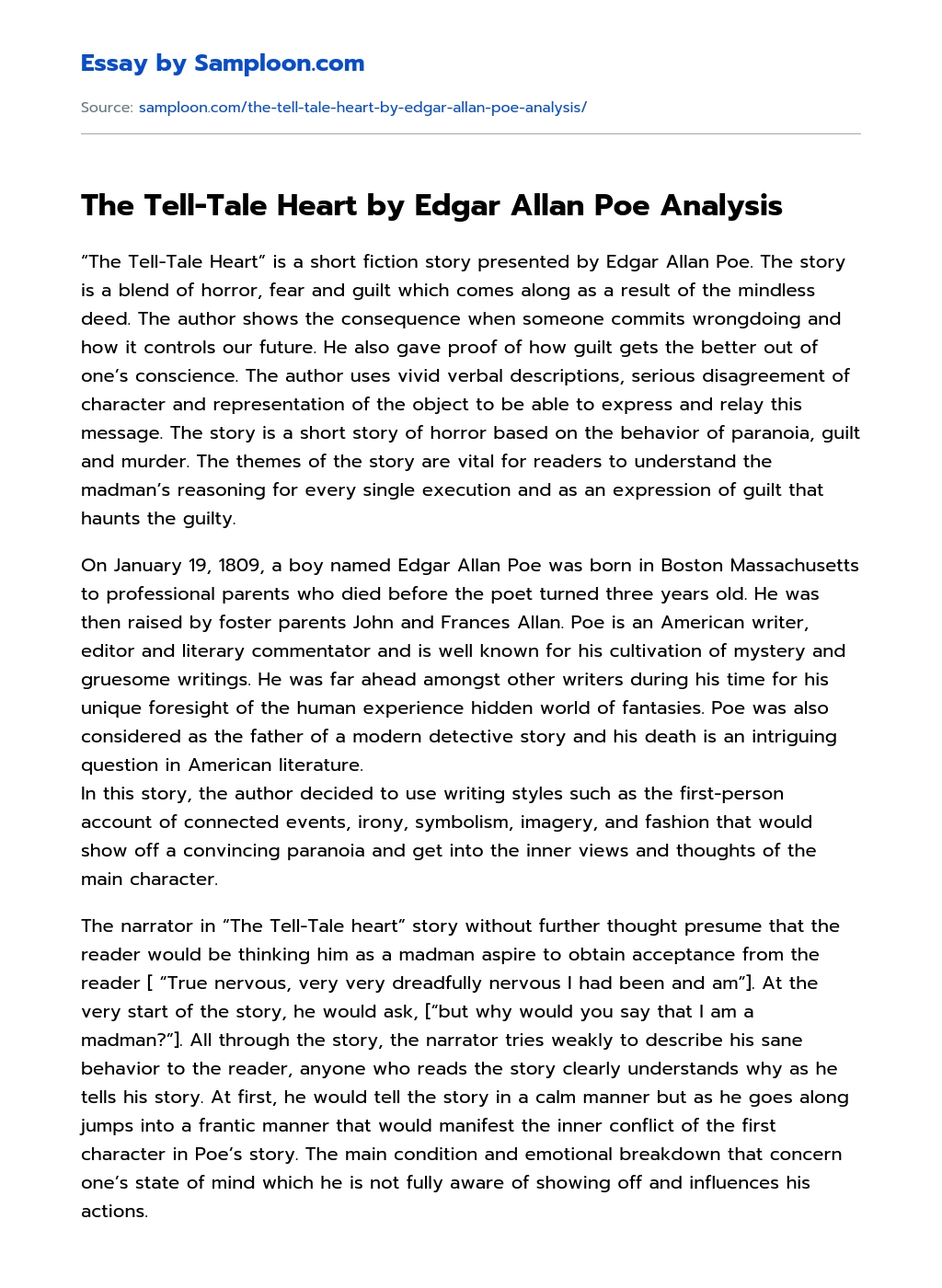 The Tell-Tale Heart by Edgar Allan Poe Analysis essay
