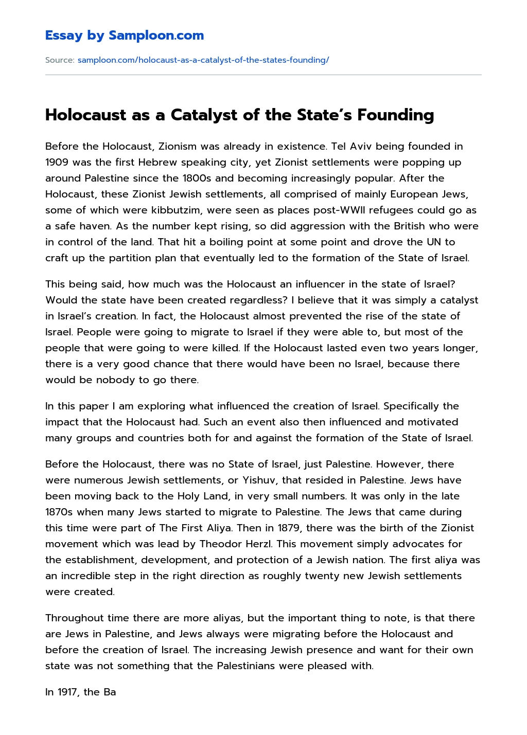 Holocaust as a Catalyst of the State’s Founding essay