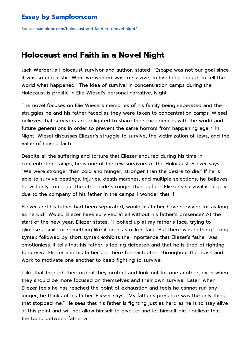 Holocaust and Faith in a Novel Night essay