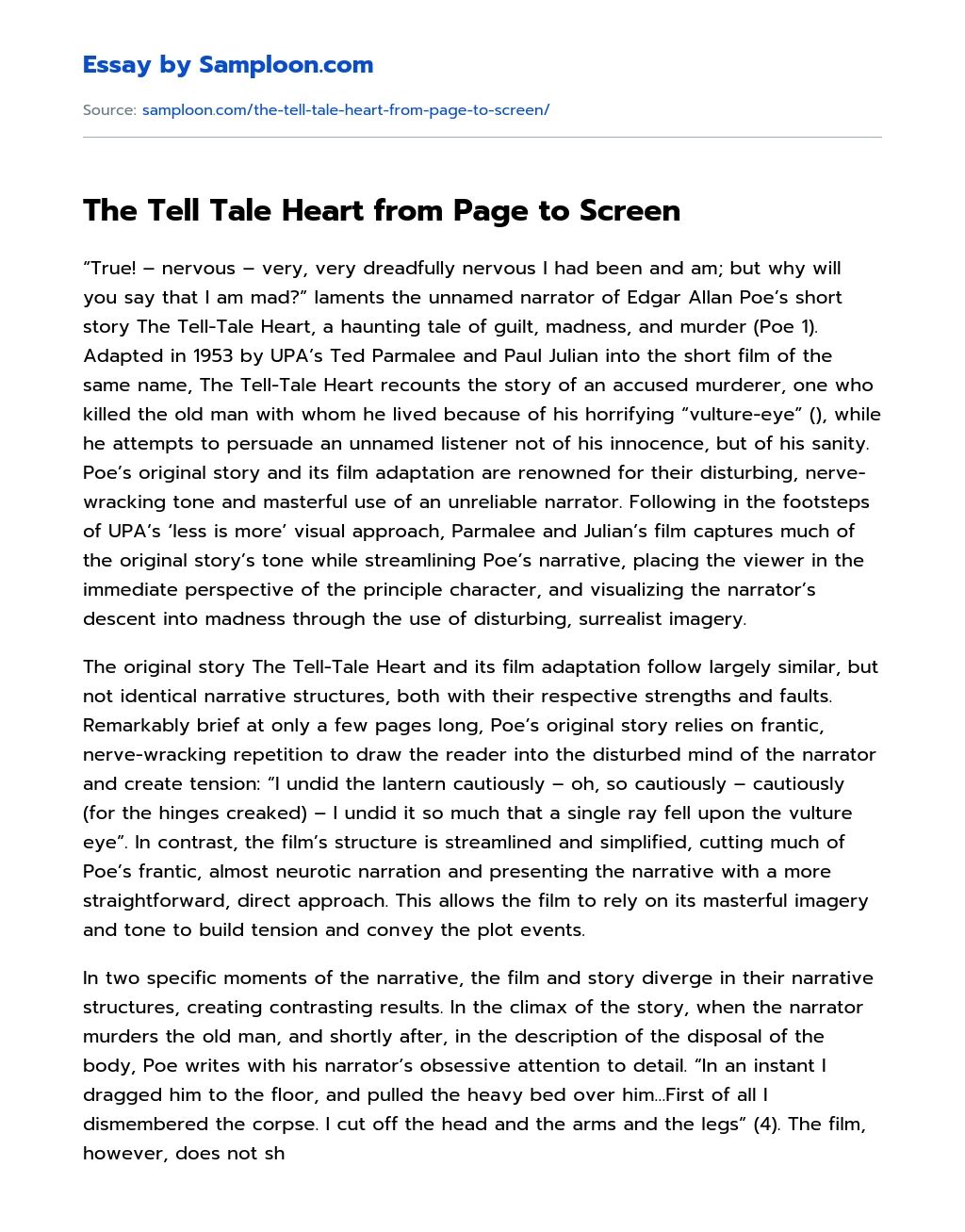 The Tell Tale Heart from Page to Screen essay