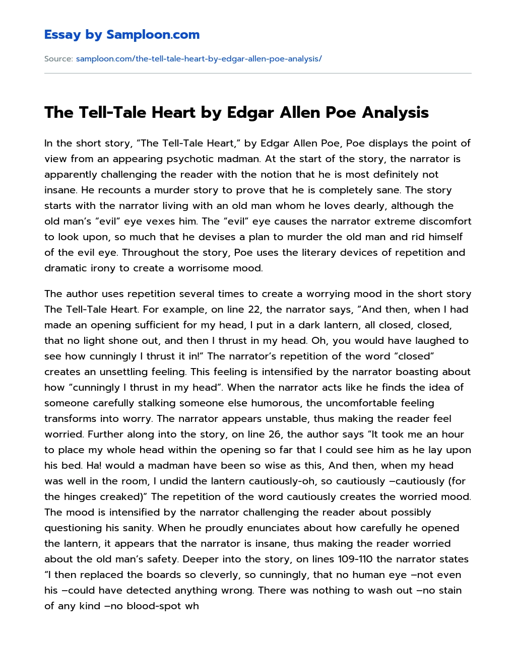The Tell-Tale Heart by Edgar Allen Poe Analysis essay